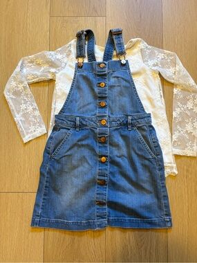 Crew cut Denim Button-Front Overall Dress with Zara White Lace Top